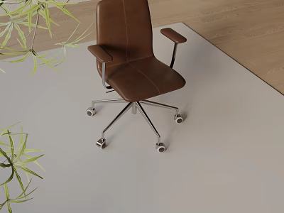 Brown Leather Office Chair with Armrests and Wheels Near Green Plants on Light Floor 3d model