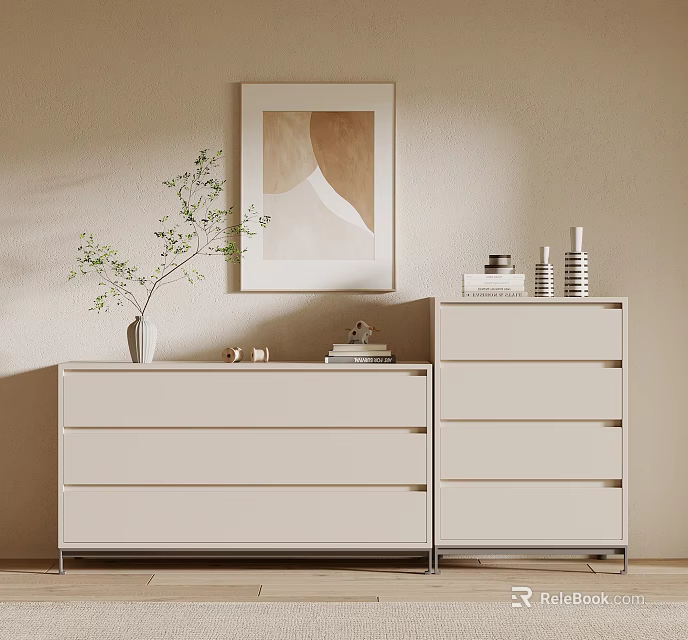 Modern White Chest of Drawers in Interior with Beige Wall Vase Books Painting and Decorations 3d model 