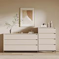 Modern White Chest of Drawers in Interior with Beige Wall Vase Books Painting and Decorations