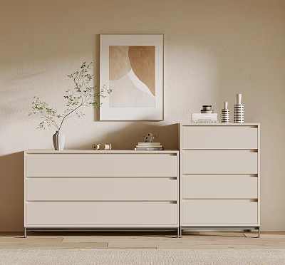 Modern White Chest of Drawers in Interior with Beige Wall Vase Books Painting and Decorations 3d model