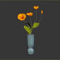 Orange Flowers With Green Leaves In Blue Vase On Dark Reflective Surface