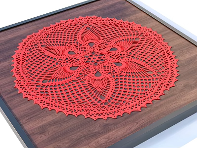 Red Crocheted Circular Doily On Wooden Table With Black Border Frame 3d model