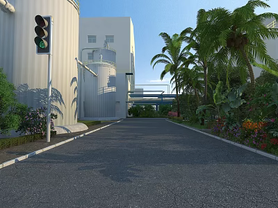 Road Facilities Including Traffic Light And Lush Plants Along Urban Road 3d model
