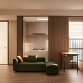 Modern Apartment Interior Design With Open Kitchen Green Sofa And Wooden Flooring