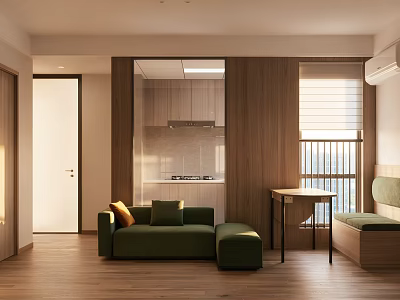 Modern Apartment Interior Design With Open Kitchen Green Sofa And Wooden Flooring 3d model
