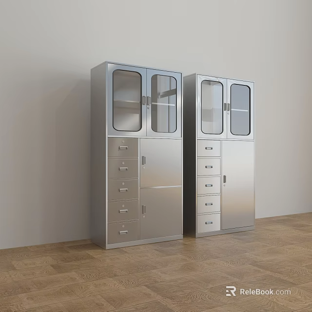 Modern Metal Bookcase With Glass Doors And Drawers Against White Wall Wooden Floor 3d model 