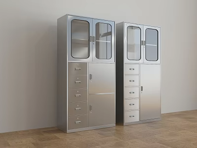 Modern Metal Bookcase With Glass Doors And Drawers Against White Wall Wooden Floor 3d model