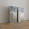 Modern Metal Bookcase With Glass Doors And Drawers Against White Wall Wooden Floor