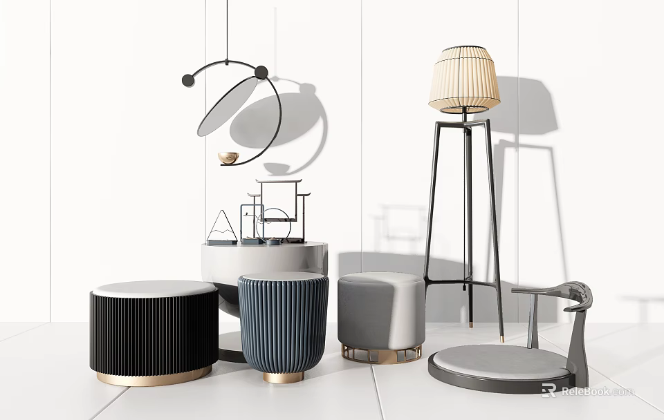 Modern Round Ottoman Stools With Striped Design And Metallic Base Accents 3d model
