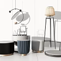Modern Round Ottoman Stools With Striped Design And Metallic Base Accents 3d model