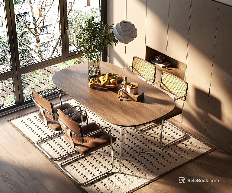 Round Wooden Dining Table Set With Chairs Vase Sunlight And Large Windows 3d model 