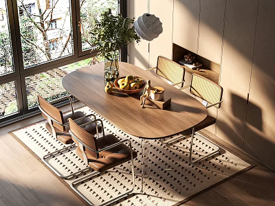 Round Wooden Dining Table Set With Chairs Vase Sunlight And Large Windows 3d model