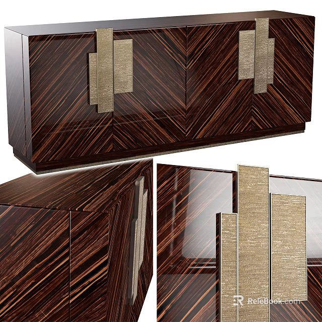 Modern Walnut TV Stand With Herringbone Pattern And Gold Metal Accents 3d model