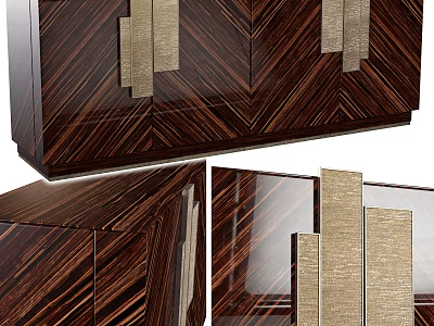Modern Walnut TV Stand With Herringbone Pattern And Gold Metal Accents 3d model