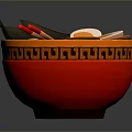 Delicious Ramen In Red Patterned Bowl With Noodles Eggs Meat And Vegetables