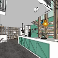 Coffee Shop Interior With Green Wall White Counter Colorful Chairs Staircase And Wooden Decor