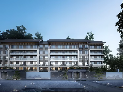 Modern Chinese Multi story Villa Exterior With Courtyard Trees And Night Lighting 3d model
