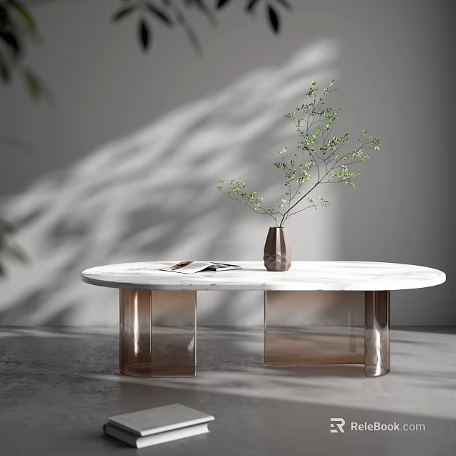 Modern Round White Marble Coffee Table with Transparent Brown Legs Metal Vase and Green Plant 3d model 