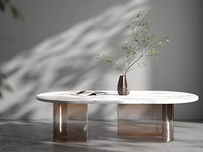 Modern Round White Marble Coffee Table with Transparent Brown Legs Metal Vase and Green Plant 3d model