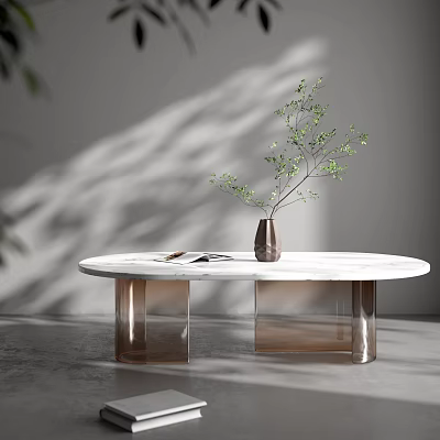 Modern Round White Marble Coffee Table with Transparent Brown Legs Metal Vase and Green Plant 3d model