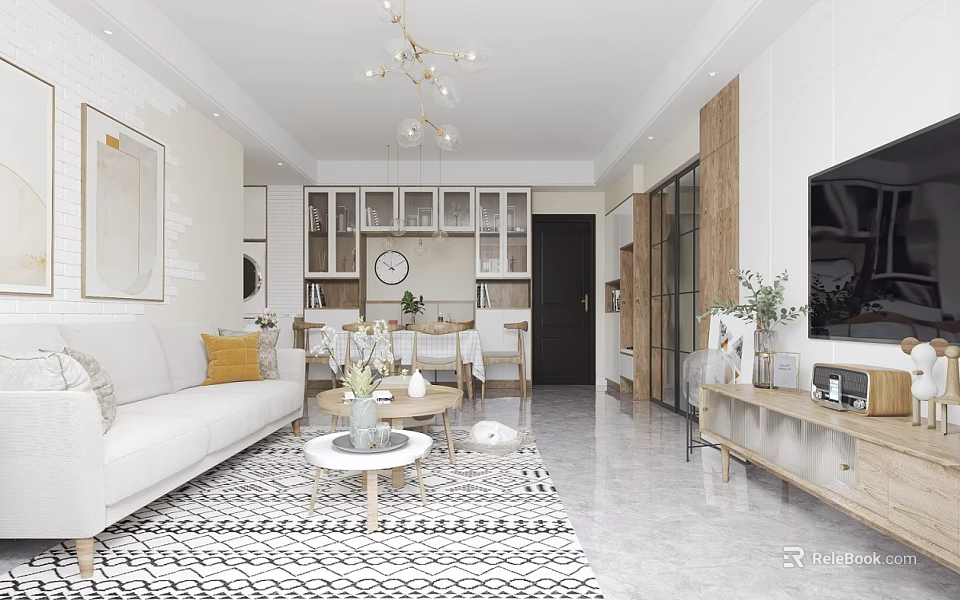 Modern Living and Dining Room Interior Design With White Sofa Coffee Table And Chandelier 3d model 