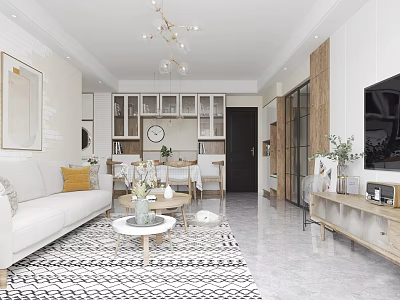 Modern Living and Dining Room Interior Design With White Sofa Coffee Table And Chandelier 3d model