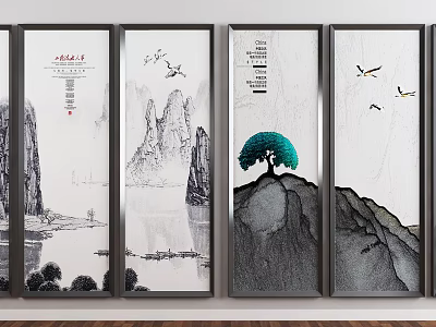 Chinese Ink Landscape Wall Art With Mountains Water Boat Flying Birds And Pine Tree 3d model