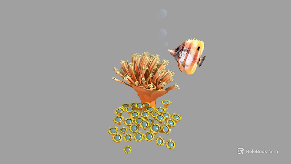 Orange Feathery Aquatic Plants With Colorful Fish And Bubbles In Water 3d model 