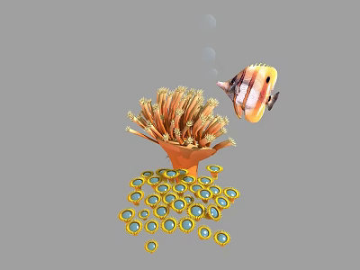 Orange Feathery Aquatic Plants With Colorful Fish And Bubbles In Water 3d model