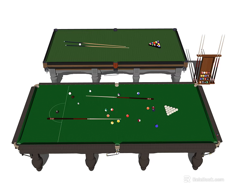 Professional Billiard Tables With Balls Cues And Ball Rack Setup 3d model 