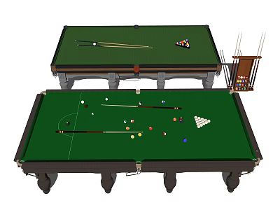 Professional Billiard Tables With Balls Cues And Ball Rack Setup 3d model
