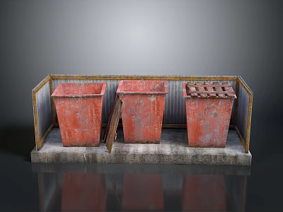 Three Rusty Red Trash Bins On Metal Frame Platform With Grated Lid 3d model