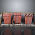 Three Rusty Red Trash Bins On Metal Frame Platform With Grated Lid