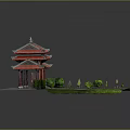 Cartoon Scene Of Traditional Chinese Red Roof Building With Green Lawn And Shrubs