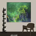 Abstract Painting With Vibrant Green Yellow Purple Hues Dynamic Brush Strokes And Wooden Chair