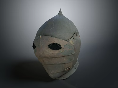 Worn Medieval Weapon Helmet Featuring Spiked Top Metal Surface and Face Protection Guard 3d model