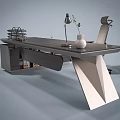Modern Office Desk With Ergonomic Chair Table Lamp Vase And File Organizer