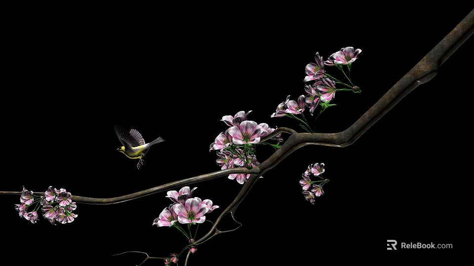 Beautiful Branch With Pink Blossoms And Flying Bird In Natural Scene 3d model 