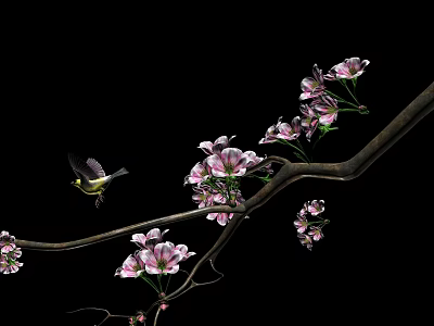 Beautiful Branch With Pink Blossoms And Flying Bird In Natural Scene 3d model