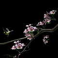 Beautiful Branch With Pink Blossoms And Flying Bird In Natural Scene
