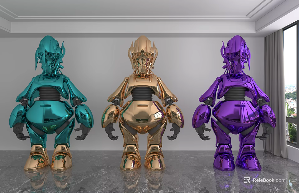 Three Colorful Metallic Robot Sculptures in Green Gold Purple Indoor 3d model 