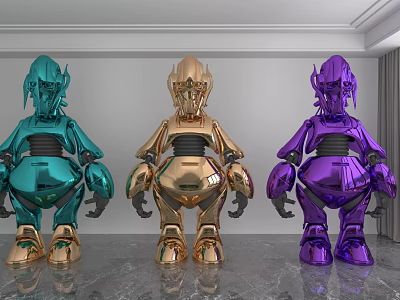 Three Colorful Metallic Robot Sculptures in Green Gold Purple Indoor 3d model