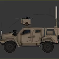 Tan Armored Military Vehicle With Roof Mounted Equipment Antenna Tinted Windows And Black Wheels