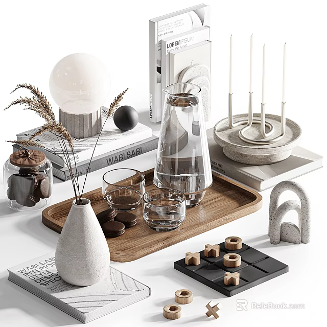 Modern Minimalist Home Decorative Ornament Set With Vase Glass Cups Wooden Tray Candles And Books 3d model 