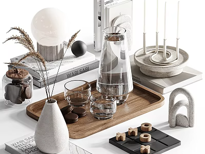 Modern Minimalist Home Decorative Ornament Set With Vase Glass Cups Wooden Tray Candles And Books 3d model