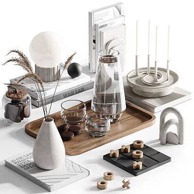 Modern Minimalist Home Decorative Ornament Set With Vase Glass Cups Wooden Tray Candles And Books 3d model