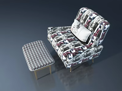 Patterned Armchair With Ottoman Featuring Geometric Design And Metal Legs On Reflective Floor 3d model
