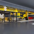 Modern Car Dealership With Yellow Black Exterior Glass Doors Lounge And Sports Cars In Garage