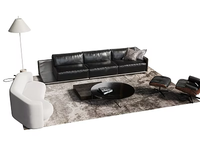 Modern Living Room with Black Leather Sofa White Armchair Floor Lamp and Round Coffee Table 3d model