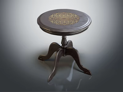 Round Wooden Dining Table With Golden Floral Pattern And Carved Curved Legs 3d model